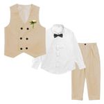 LOLANTA Boys' 4-Piece Formal Suit, Double-Breasted Waistcoat Set for Specail Events Halloween Christmas (Khaki, 8-9 Years)