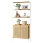 VASAGLE 6-Tier Bookcase, Bookshelf with Rattan-Like Door, Boho Style, Freestanding 30.1-Inch Wide Storage Shelf, Metal Frame, Adjustable Shelf, for Living Room, Oak Beige and Pearl White ULLS124W57