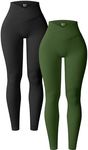 OQQ Women's 2 Piece Yoga Leggings Ribbed Seamless Workout High Waist Cross Over Athletic Exercise Leggings Black Army Green