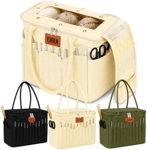 Personalized Crochet Bag Organizer with Name Leather Patch, Canvas Yarn Bag
