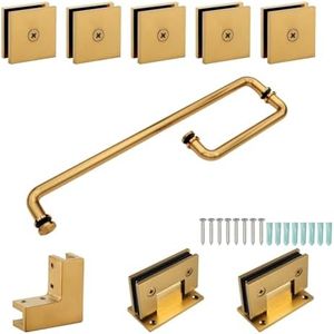 FEKEWIO Shower Door Hardware kit Frameless Swing Hinged Corner Shower Enclosure Accessories Parts for 5/16” 3/8” to 1/2" Thick Glass with Hinges 8 inch and 20 inch Handles Glass Clamp - Brushed Gold