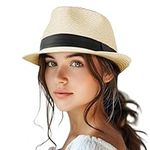 Straw Fedora Hat for Women Men Packable Short Brim Roll Up Trilby Hat Panama Summer Beach Sun Hat UPF 50+, Natural, S-M