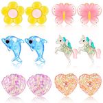 6 Pairs Kids Clip On Earrings for Girls Bling Unicorn Flower Heart Earrings No Pierced Princess Play Earrings Girls Dress Up Jewelry Set for Kids christmas(Exquisite Style)