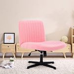 Wide Office Chair Without Wheels Armless Desk Chair No Arm Fabric Vanity Chair Cross Base Swivel Home Office Desk Chair 120°Rocking Mid Back Ergonomic Computer Chair for Make Up (Pink Cross Base)