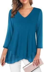 SeSe Code Womens Dressy 3/4 Sleeve Tunic Tops Asymmetric Hem Blouses Lightweight Mesh Shirt, A Dark-cyan, Medium