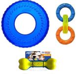 Nerf Dog Three Toy Gift Set, Three Ring Tug, Squeak Bone, and Tire Flyer Gift Set