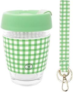 Martha Stewart Faux Leather Wristlet Bundle with 12 oz Glass Tumbler with Silicone Sleeve and Splash Resistant Lid (Arcadian Green Gingham)