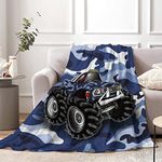 Camo Blue Truck Throw Blanket for Kids, 130 x 150 cm Camouflage Monster Cartoon Truck Fluffy Plush Blanket for Boys Gift, Soft Blue Truck Flannel Blanket for Children Teen Fans Bed Couch Decor