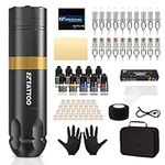 EZ Tattoo Machine Kit - Tattoo Kit with Rotary Tattoo Machine Pen, 1500mAh Battery Power Supply, 20Pcs Tattoo Needles and 10 Color Inks for Tattoo Beginners and Artists (Caster Golden)