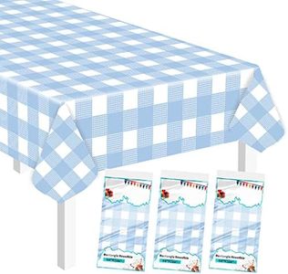 3 Pack Light Blue Gingham Tablecloth 54 x 108 Rectangular Plastic Table Cover Disposable Checkered Table Cloth Plastic Tablecloth for Party Baby Shower Picnic Wedding Blue Plastic Tablecloth