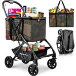 Keoslpy Folding Shopping Cart with Wheels, 75Lbs Collapsible Grocery Cart with Removable Basket&Universal Wheels, One-Click Folding, Personal Portable Shopping Cart for Groceries, Laundry, Camping etc