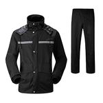 LY4U Mens Waterproof Rain Suit Work Wear Hooded Cycling Jacket and Trouser Rainsuit with Safe Reflective Strip Black XL