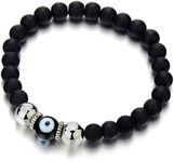 COOLSTEELANDBEYOND Mens Women Mat Black Bead Bracelet with Murano-Style Glass Evil Eye Bead, Protection Prayer Mala(CA)