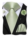 Hi-Tie Mens Tie Lapel Pin Set Pocket Square Cufflinks Woven Silk Ties for Men Wedding Formal,Sage Green Plaid