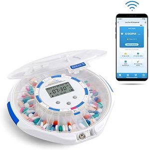 LiveFine Smart WiFi Automatic Pill Dispenser Clear Lid | 28-Day Medication Organizer Up to 9 Doses Per Day for Care Monitoring with Lock Key, Light/Sound Alarms for Prescriptions & Vitamins
