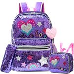 Backpack for Girls School Backpacks Kids Cute Sequin Bookbag for Elementary Kindergarten with Lunch Box Pencil Case for Girls 5-12 Years Old