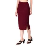 Navelly Below Knee Women Classic Stretchy Straight Solid Side Slit Calf Length Knit Rib Skirt (Maroon) (Size - Medium)