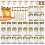 BIGIVACA 6 oz Hexagon Mini Glass Honey Jars with Wood Dippers,30 Pack Small Honey Jars with Gold Lids,Bee Pendants,Jutes,35 Bee Stickers,Perfect for Baby Shower,Wedding Favors,Party Favors