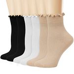 Mcool Mary Women's Ruffle Socks,Casual Cute Ankle Socks Breathable Knit Cotton Soft Frilly Crew Socks for Women 6 Pack, 6 Pairs(2black+2white+2khaki), 5-9