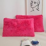 XeGe Faux Fur Fluffy Pillow Cases, Soft Plush Shaggy Furry Hot Pink Pillowcases, Velvet Fuzzy Decorative Throw Pillow Covers for Bed Couch, Zipper Closure, Set of 2(Standard Size, Hot Pink)