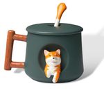 YLOKO 3D Shiba Inu Cute Coffee Mug, Pattern Inside14oz Cup with Opening Lids and Lovely Matching Cute Paw Spoon, Novelty Morning Mug for Office Families and Friends