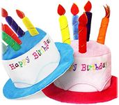 Novelty Place Plush Happy Birthday Cake Hat, (2 Pcs, Blue & Pink) - Unisex Adult Size Fancy Dress Party Hats - Perfect as Party Favors, Costume Accessories - Cake & 5 Multicolor Candles