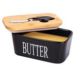 Butter Dish with Cover and knife-Ceramics Butter Container with Bamboo Lid for Countertop,Larger Butter Dishes with Covers Perfect for East West Coast Butter(Black with Words)