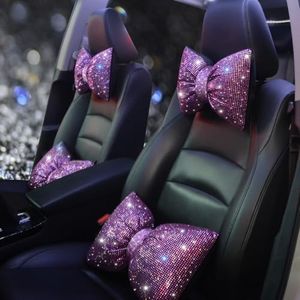 Pirador Car Pillow Headrest Auto Seat Headrest Cushion with Bow Tie Sparkly Bling Bling Rhinestone Accessories for Women Girls and Ladies Travel Comfort Head and Neck Rest Pink 2Pcs
