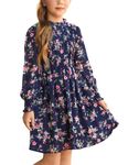 GRACE KARIN Girls Mock Neck Smocked Midi A-line Dress Long Sleeve Elegant Chiffon Dress Blue 10-12 Years