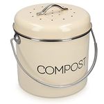 Navaris Metal Compost Caddy Bin - 3 Litre Kitchen Composting Bucket with Charcoal Filters and Lid for Indoor Organic Food Waste Recycling - Cream