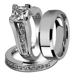 Marimor Jewelry His and Hers Stainless Steel Princess Wedding Ring Set & Beveled Edge Wedding Band, Zirconia,Stainless Steel,Gold, Cubic Zirconia