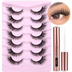 Cat Eye Lashes with Lash Glue Natural False Eyelashes Fluffy Wispy Faux Mink Lashes 15MM Strip Eyelashes Extensions Look, 7 Pairs with 5ML Eyelash Glue