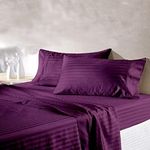 UNNAK Pure Cotton Striped Double Bedsheet for Double Bed King Size Flatsheet with 2 Pillow Covers for Bedroom, 108x108 Inches, Purple