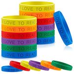 I Love to Read Rubber Bracelets Motivational Rubber Wristband Colorful Motivational Wristbands Vital Silicone Wristbands Bracelets for Kids Rewards Teachers Home Classroom Decoration Party (60 Pcs)