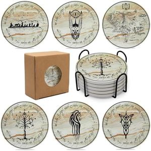 Lord Rings Absorbent Coasters for Drinks,LOTR Coasters for Home Decor,6Pcs Lord Rings Stone and Cork Coaster Set with Holder for Coffee Table,TV Merchandise Gift for Women Men Fans