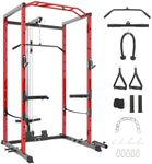 GarveeLife Power Cage with LAT Pulldown, Multi-Functional Power Rack with Cable Pulley System and J-Hooks, Squat Rack with Dip Bars and Landmine Attachment, Weight Cage for Home Gym Equipment, Red