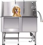 CO-Z Professional Dog Grooming Tub, 127cm 50’’ Stainless Steel Pet Dog Grooming Bath Tub, Wash, Shower and Sink with Faucet, Adjustable Floor Grate & Walk-in Ramp