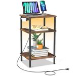 OUTONLIFE Nightstand with LED Light & Charging Station, Narrow Wood Side Table with 2 USB Ports & AC Outlet, Small Sofa Bed End Table with 3-Tier Storage Shelves for Living Room, Bedroom (Black Brown)