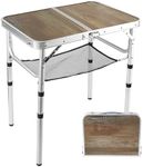 Small Folding Table 2 Foot, Portable Camping Table with Mesh Holders,Lightweight Aluminum Adjustable Height, with Carry Handle for Camping Picnic Indoor Outdoor, White 24 x 16 inch （Wooden Style）