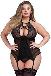 Lovehoney Black Twilight Temptation Halter Neck Basque and G String Set – Lace Teddy Lingerie Styling with Garter Straps - Plus Size: 14-20