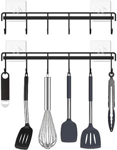Wall Mount Utensil Rail Rack 2 Pcs, Space Saving Kitchen Utensil Holder Self Adhesive, No Drilling Wall Mounted Accessory Hanger with Hooks for Kitchen Bathroom Storage (Black)