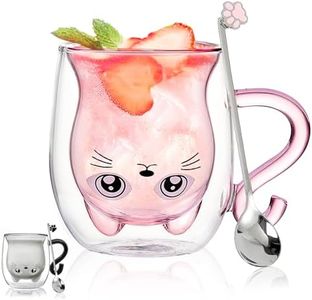 Gifts for Women Double-Walled Glasses Cup with Pink Cat with Handle and Spoon Double-Walled Coffee Cup Gifts for Best Friend Espresso Cup Mug Valentine's Day Birthday Gift