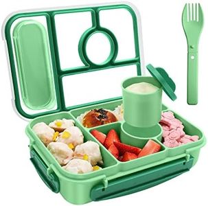 Amathley Bento Box Adult Lunch Box,Lunch Box Kids,Lunch containers for Adults/Kids/Toddler,5 Compartments bento Lunch Box for Kids with Sauce Vontainers,Microwave & Dishwasher & Freezer Safe(Green)