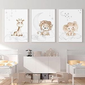 Nordic Ideas 3 Affiches Girafe Lion Elephant Decoration Chambre Bebe Posters Nuage Lune Etoiles Enfants Fille Garcon Tableau Murales Cadeau sans Cadre PTAN001-S