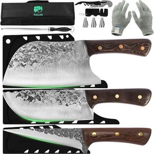 FULLHI Juego de 3 cuchillos de carnicero con bolsa para cuchillos Juego de cuchillos de chef para cocina, camping y barbacoa, forjados a mano en acero de alto carbono