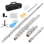 Eastar Upgraded Closed Hole 16 Keys C Flute for Beginner Student, Instrument with Cleaning Kit, Stand, Case, Gloves, Tuning Rod, Fingering Chart, Silver Plated, EFL-1S