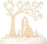 LOVENJOY Wooden Wedding Family Cake Topper Couple with 2 Cats, Gift Boxed