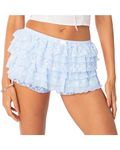 Women Y2K Mini Shorts Cute Ruffle Lace Trim Layered Short Skirt Elastic Low Waist Lolita Pumpkin Pants Pleated Pettipant Bloomers (B-Sky Blue, M)