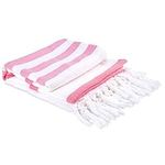 Queenshin Extra Large Pink Stripes Turkish Cotton Beach Towels Sandproof Quick Dry, Adults Sand Free Travel Blanket with Tassel, 90 cm x 180 cm