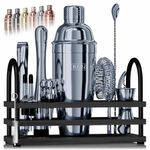 BARE BARREL® Cocktail Making Kit | 14-Piece Bartender Kit Cocktail Shaker Set Maker | Display Stand & 35 Recipe Cards | Mixology Cocktail Gift Set (675ml/24oz Cobbler Shaker, Gray/Black)